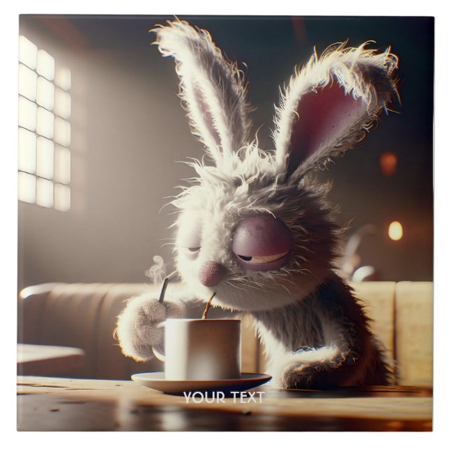 Fantasy Cute Bunny Drinking Coffee Kakelplatta (Framsidan)