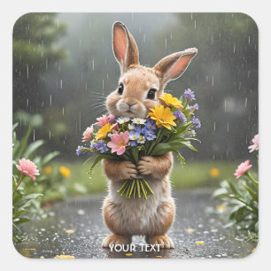 Fantasy Cute Bunny Flowers Rain Fyrkantigt Klistermärke