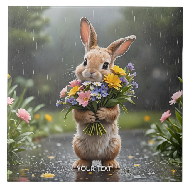 Fantasy Cute Bunny Flowers Rain Kakelplatta (Framsidan)