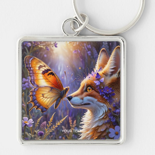 Fantasy Cute Butterfly Flox Fyrkantig Silverfärgad Nyckelring (Framsidan)