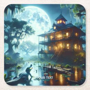 Fantasy Cute Cabin Sjö Crokodile Underlägg Papper Kvadrat