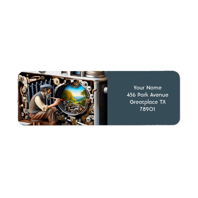 Fantasy Cute Camera Painting liggande Returadress Etikett (Framsidan)