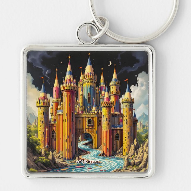 Fantasy Cute Castle från Pencil Fyrkantig Silverfärgad Nyckelring (Framsidan)
