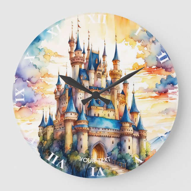 Fantasy Cute Castle Watercolor Forest Stor Klocka (Framsida)