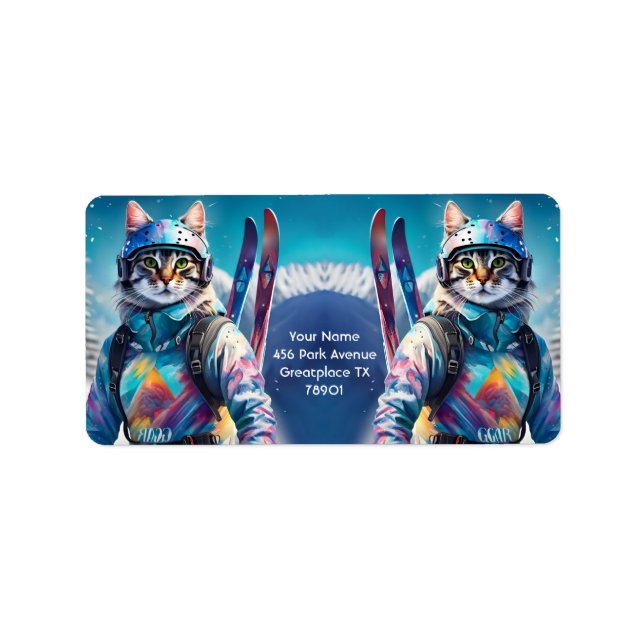 Fantasy Cute Cat Alpine Skis Adressetikett (Framsidan)