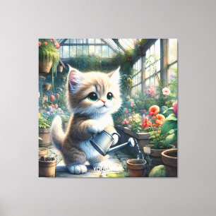 Fantasy Cute Cat Garden Flowers Canvastryck