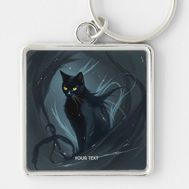 Fantasy Cute Cat Natt Black Fyrkantig Silverfärgad Nyckelring (Framsidan)