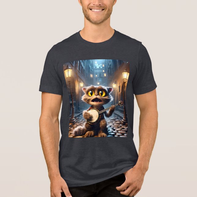 Fantasy Cute Cat Spelar Banjo T Shirt (Framsida)