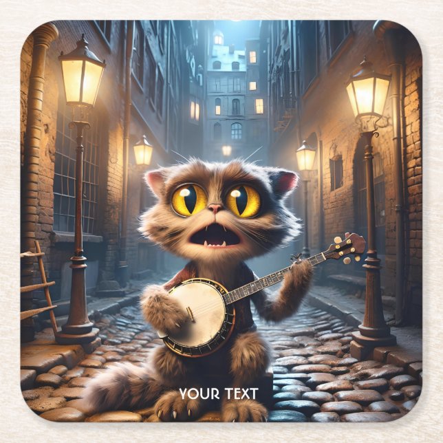 Fantasy Cute Cat Spelar Banjo Underlägg Papper Kvadrat (Framsidan)