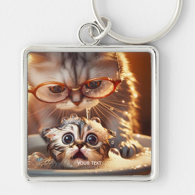 Fantasy Cute Cat Tvättande Kitten Fyrkantig Silverfärgad Nyckelring (Framsidan)
