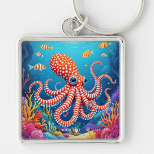 Fantasy Cute Checkated Octopus Sea Fyrkantig Silverfärgad Nyckelring