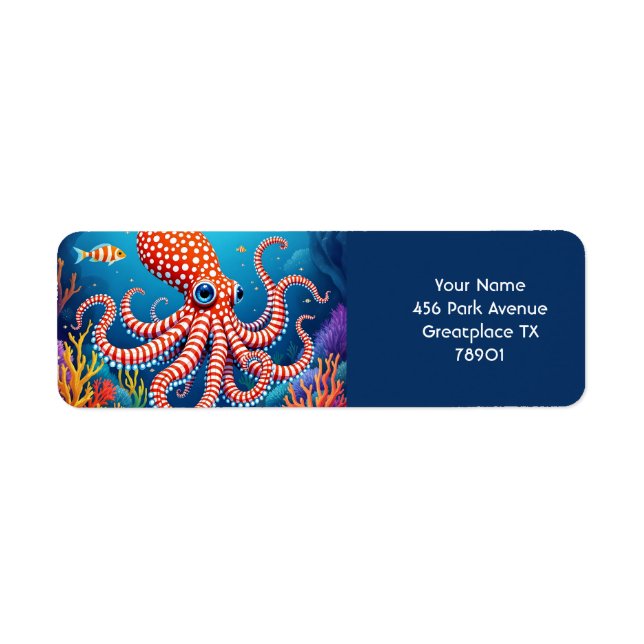 Fantasy Cute Checkated Octopus Sea Returadress Etikett (Framsidan)