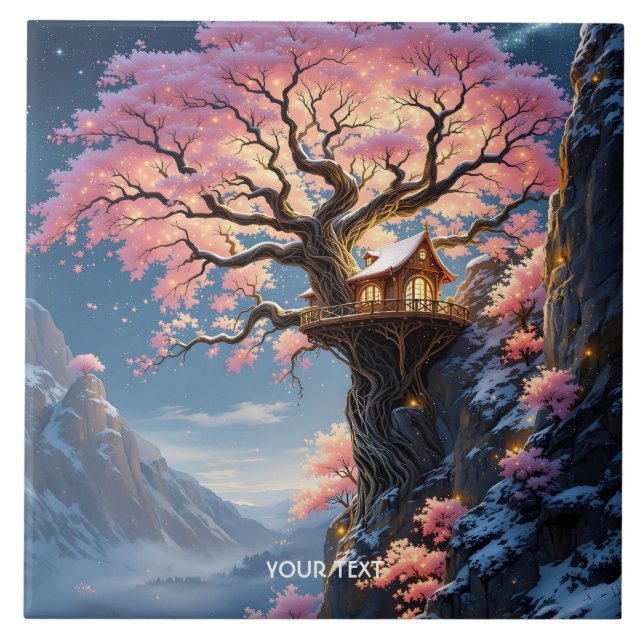 Fantasy Cute Cherry Blommar Träd Kakelplatta (Framsidan)