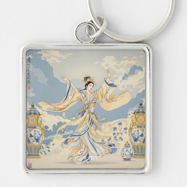 Fantasy Cute China Dancer Print Fyrkantig Silverfärgad Nyckelring (Framsidan)