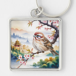 Fantasy Cute Chinese Bird Blommar Fyrkantig Silverfärgad Nyckelring