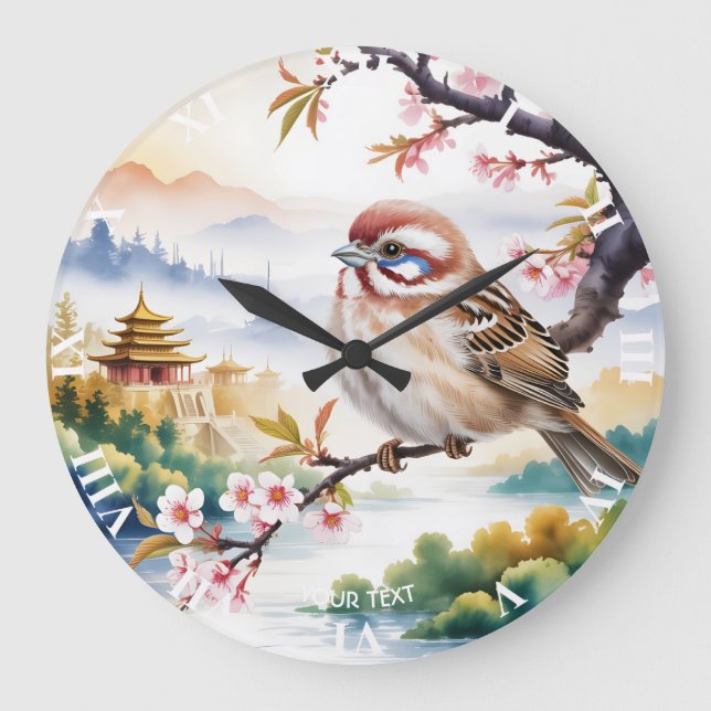 Fantasy Cute Chinese Bird Blommar Stor Klocka (Framsida)