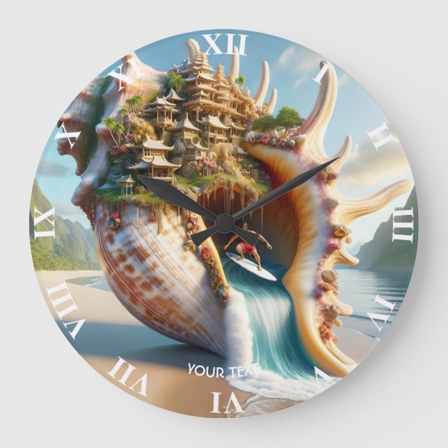 Fantasy Cute Conch Snäcka Surfer Stor Klocka (Framsida)