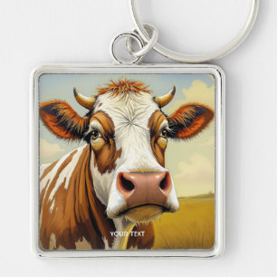 Fantasy Cute Cow Fält Clouds Fyrkantig Silverfärgad Nyckelring