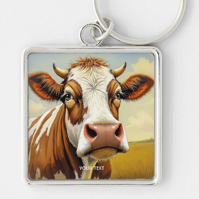 Fantasy Cute Cow Fält Clouds Fyrkantig Silverfärgad Nyckelring (Framsidan)