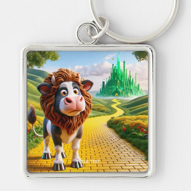 Fantasy Cute Cow Lejon Road Fyrkantig Silverfärgad Nyckelring (Framsidan)
