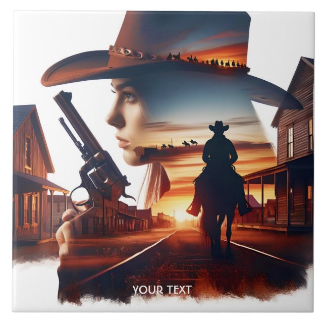 Fantasy Cute Cowgirl Cowboy Town Kakelplatta (Framsidan)