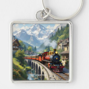 Fantasy Cute Crimson Antique Tåg Fyrkantig Silverfärgad Nyckelring