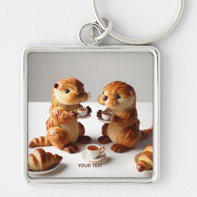 Fantasy Cute Croissants Otters Tea Fyrkantig Silverfärgad Nyckelring (Framsidan)