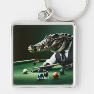 Fantasy Cute Crokodile spelar Billiard Fyrkantig Silverfärgad Nyckelring