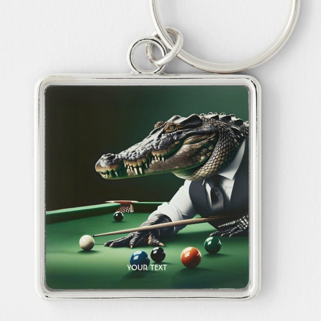 Fantasy Cute Crokodile spelar Billiard Fyrkantig Silverfärgad Nyckelring (Framsidan)