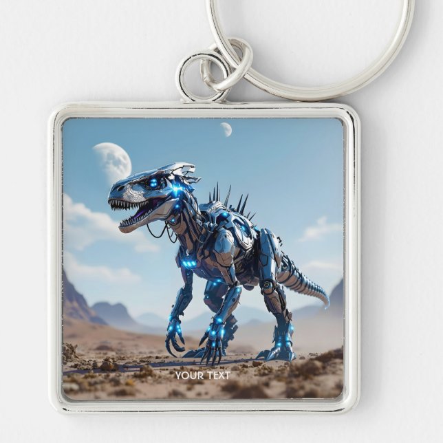 Fantasy Cute Cyborg Dinosaur Desert Fyrkantig Silverfärgad Nyckelring (Framsidan)
