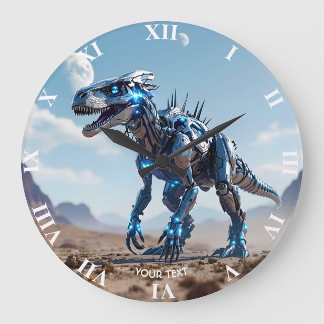 Fantasy Cute Cyborg Dinosaur Desert Stor Klocka (Framsida)