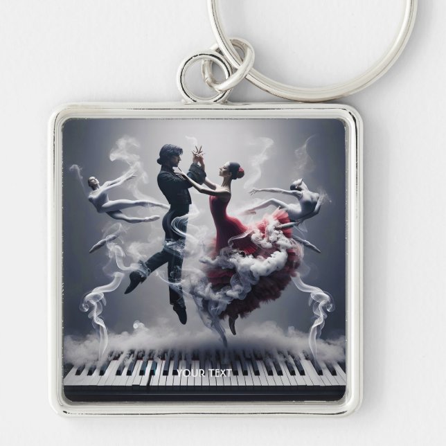 Fantasy Cute Dancer Ballerina Piano Fyrkantig Silverfärgad Nyckelring (Framsidan)