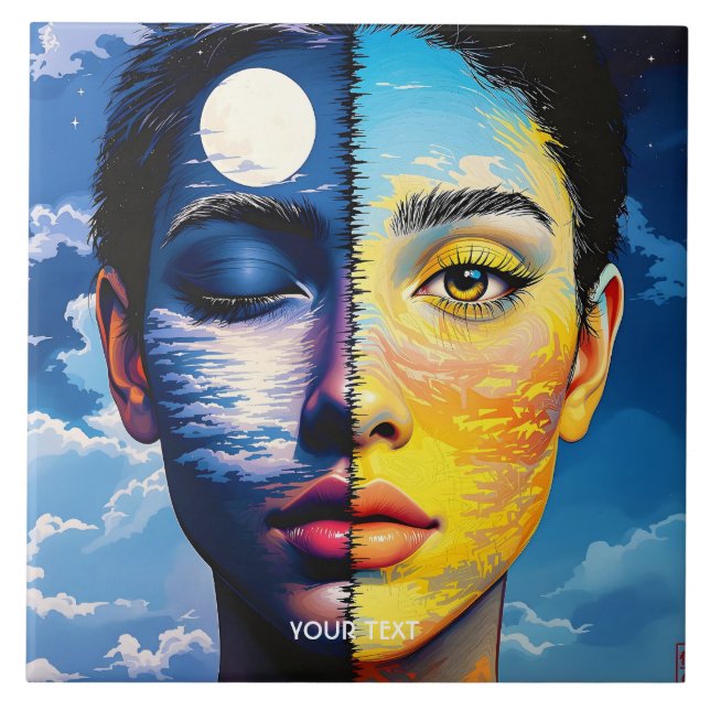 Fantasy Cute Day Natt Ansikte Kakelplatta (Framsidan)