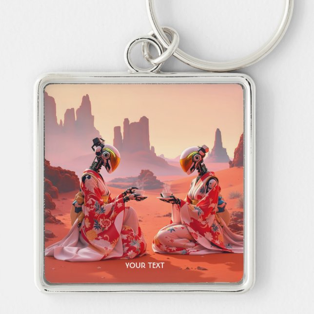 Fantasy Cute Desert Mars Tea Fyrkantig Silverfärgad Nyckelring (Framsidan)