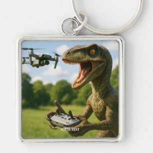 Fantasy Cute Dinosaur Drone Forest Fyrkantig Silverfärgad Nyckelring