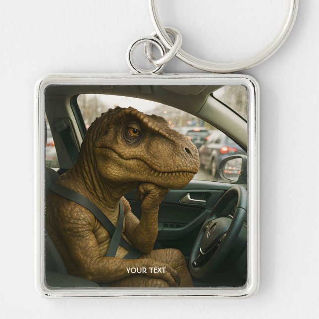 Fantasy Cute Dinosaur - Körbil Fyrkantig Silverfärgad Nyckelring (Framsidan)