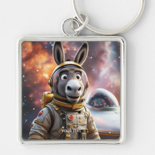Fantasy Cute Donkey Astronaut Space Fyrkantig Silverfärgad Nyckelring