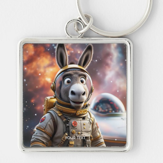 Fantasy Cute Donkey Astronaut Space Fyrkantig Silverfärgad Nyckelring (Framsidan)