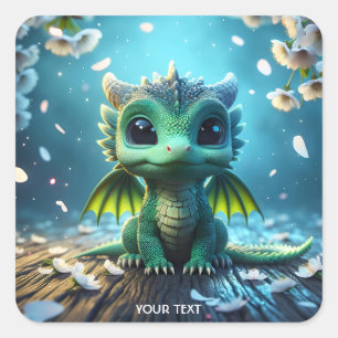 Fantasy Cute Dragon Baby Sakura Fyrkantigt Klistermärke