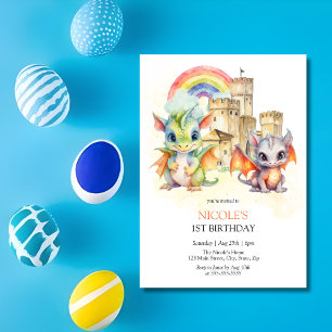 Fantasy Cute Dragon Castle Rainbow Barns födelseda Inbjudningar