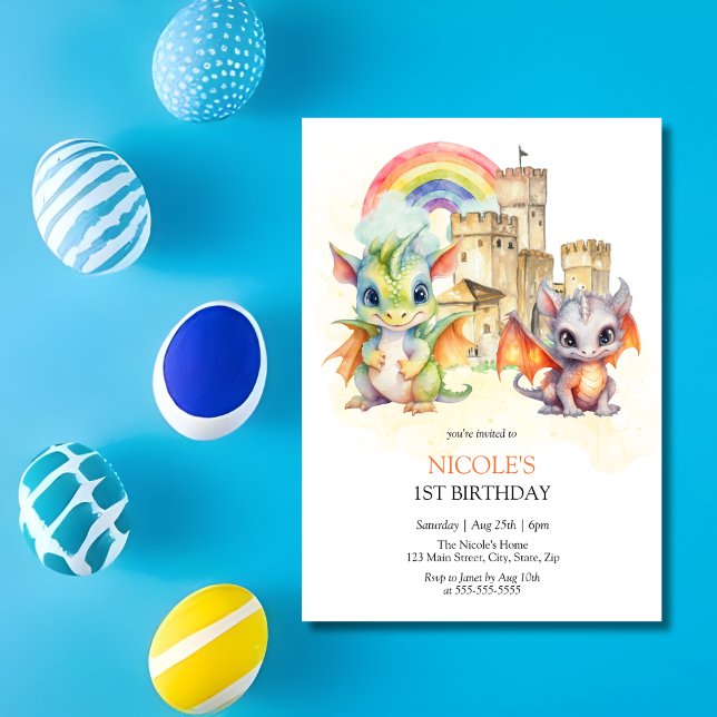Fantasy Cute Dragon Castle Rainbow Barns födelseda Inbjudningar (Skapare uppladdad)