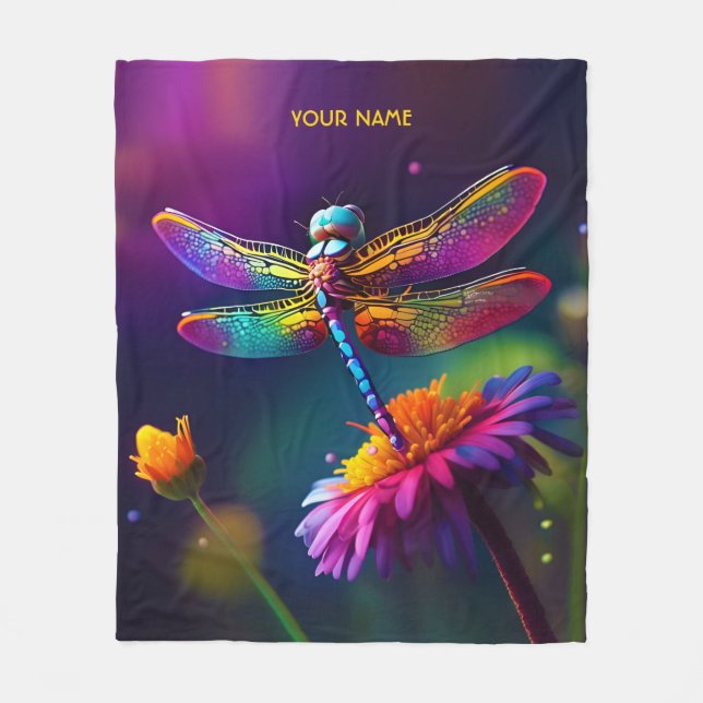 Fantasy Cute Dragonfly med blomma Fleecefilt (Framsidan)