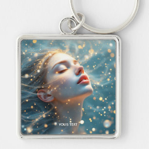 Fantasy Cute Dreaming Girl Vatten Fyrkantig Silverfärgad Nyckelring