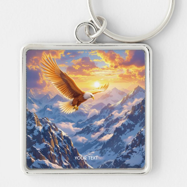 Fantasy Cute Eagle Mountains Sunrise Fyrkantig Silverfärgad Nyckelring (Framsidan)