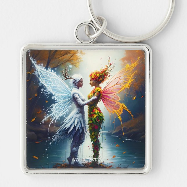 Fantasy Cute Fall Winter Spirits Fyrkantig Silverfärgad Nyckelring (Framsidan)