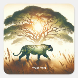 Fantasy Cute Fält Träd Tiger Fyrkantigt Klistermärke
