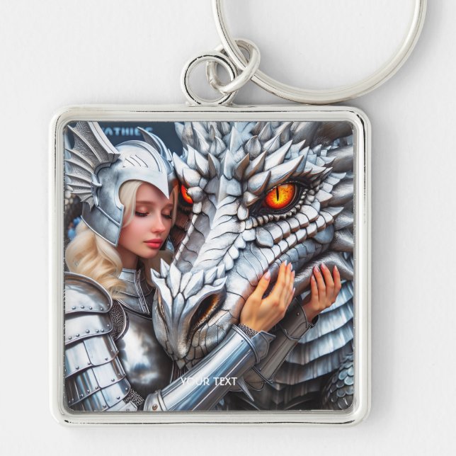Fantasy Cute Female Warrior Dragon Fyrkantig Silverfärgad Nyckelring (Framsidan)
