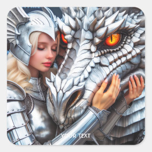 Fantasy Cute Female Warrior Dragon Fyrkantigt Klistermärke