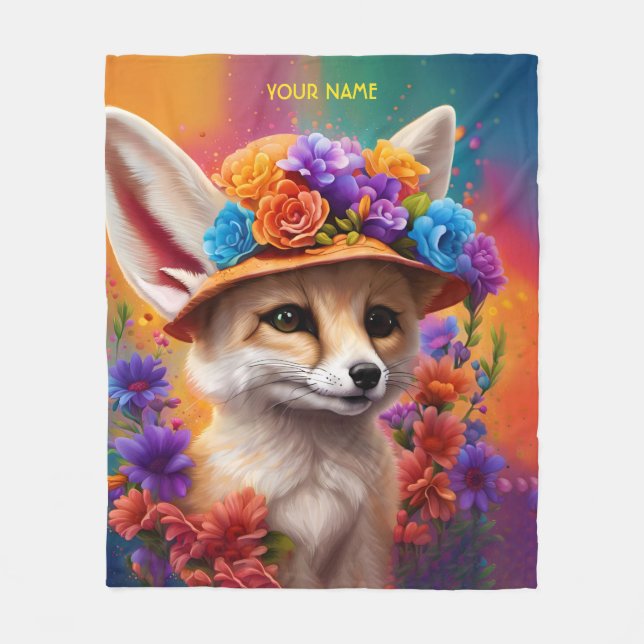 Fantasy Cute Fennec Fox Flowers Fleecefilt (Framsidan)