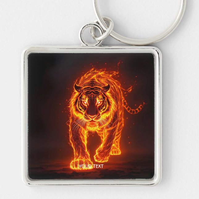 Fantasy Cute Fire Big Tiger Fyrkantig Silverfärgad Nyckelring (Framsidan)